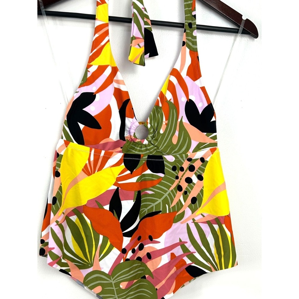 New Bar III Womens Sz S Green Ring Floral Tie Halter Tankini Swimsuit Top 1038H3